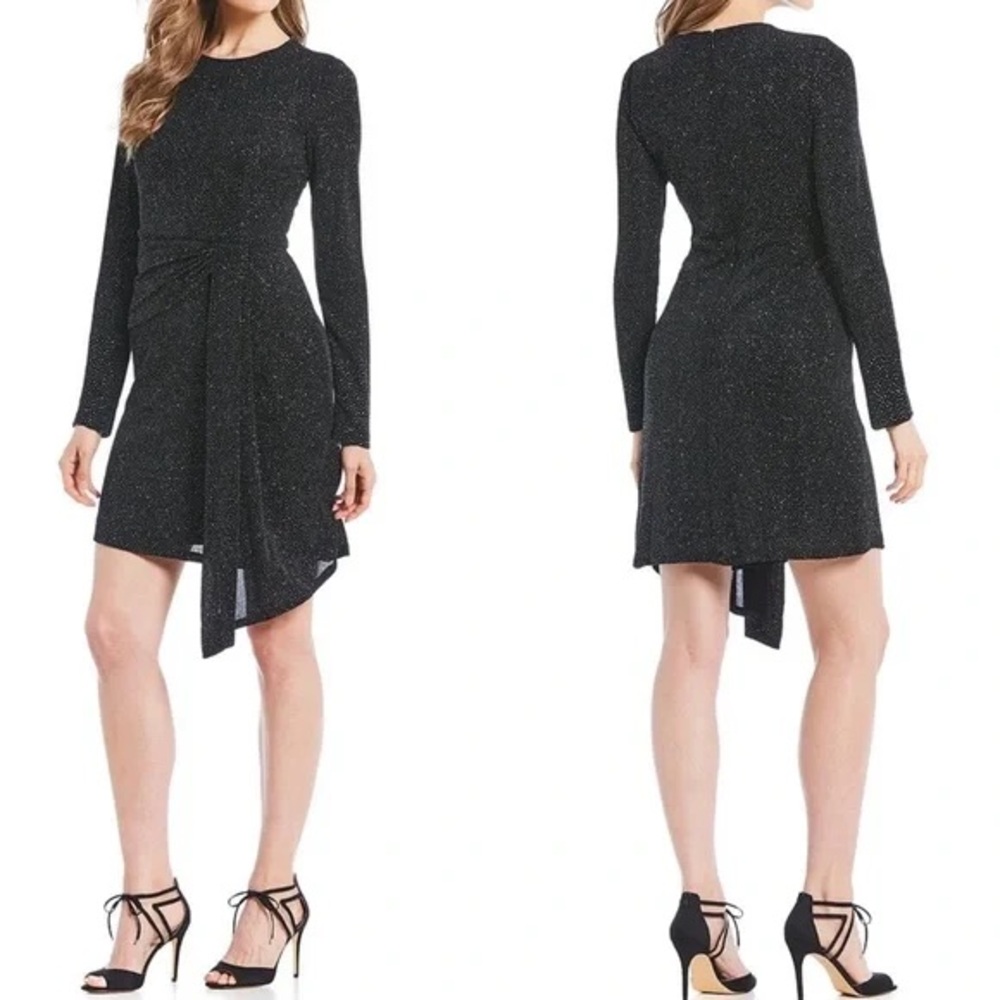 Maggy London Aurora Glitter Faux Wrap Long Sleeve Cocktail Dress Black Size 2‎